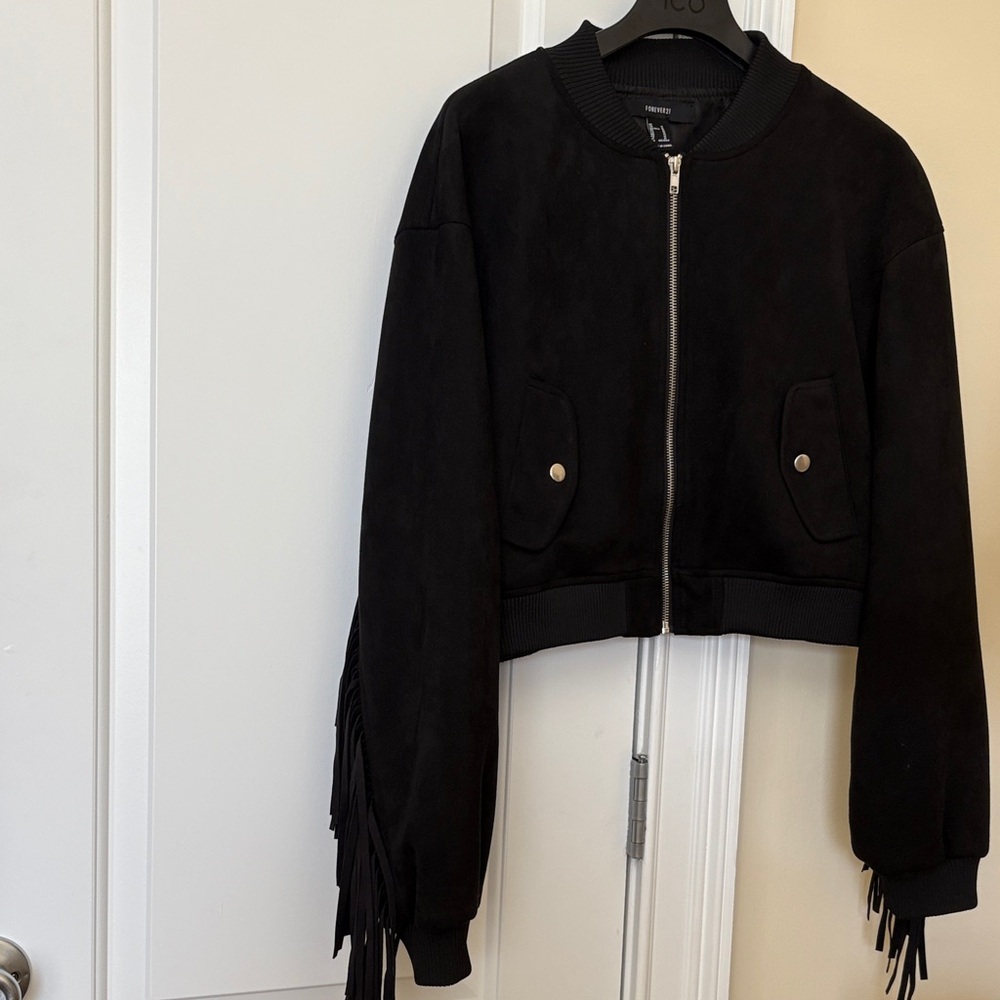Forever 21 Black Fringe Bomber Jacket